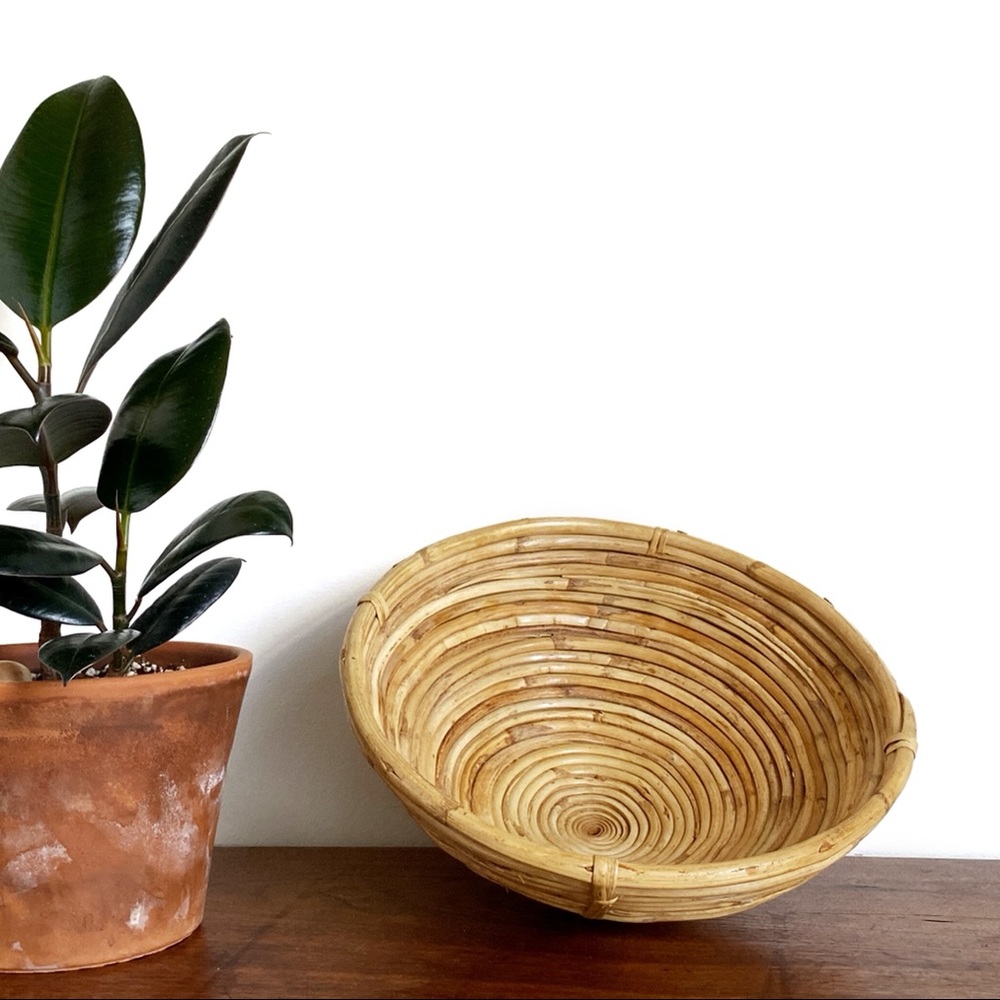 Coiled Bamboo Rattan Fruit Basket Bowl Decor Organization Bowls Boho VTG Neutral - Picture 4 of 4